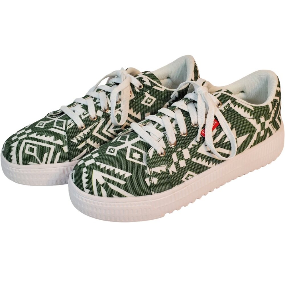 Men's Fashion Sneakers Size 9.5 Green White Canvas Geometric Lightweight Shoes